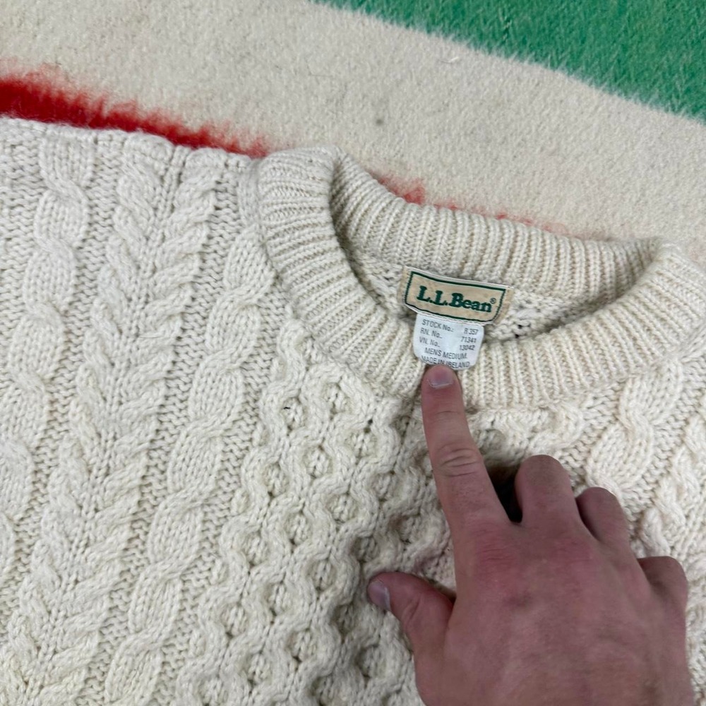 Vintage 80s LL Bean Cream Cable Knit Wool Sweater Mens Medium Ireland Fisherman - Picture 4 of 5